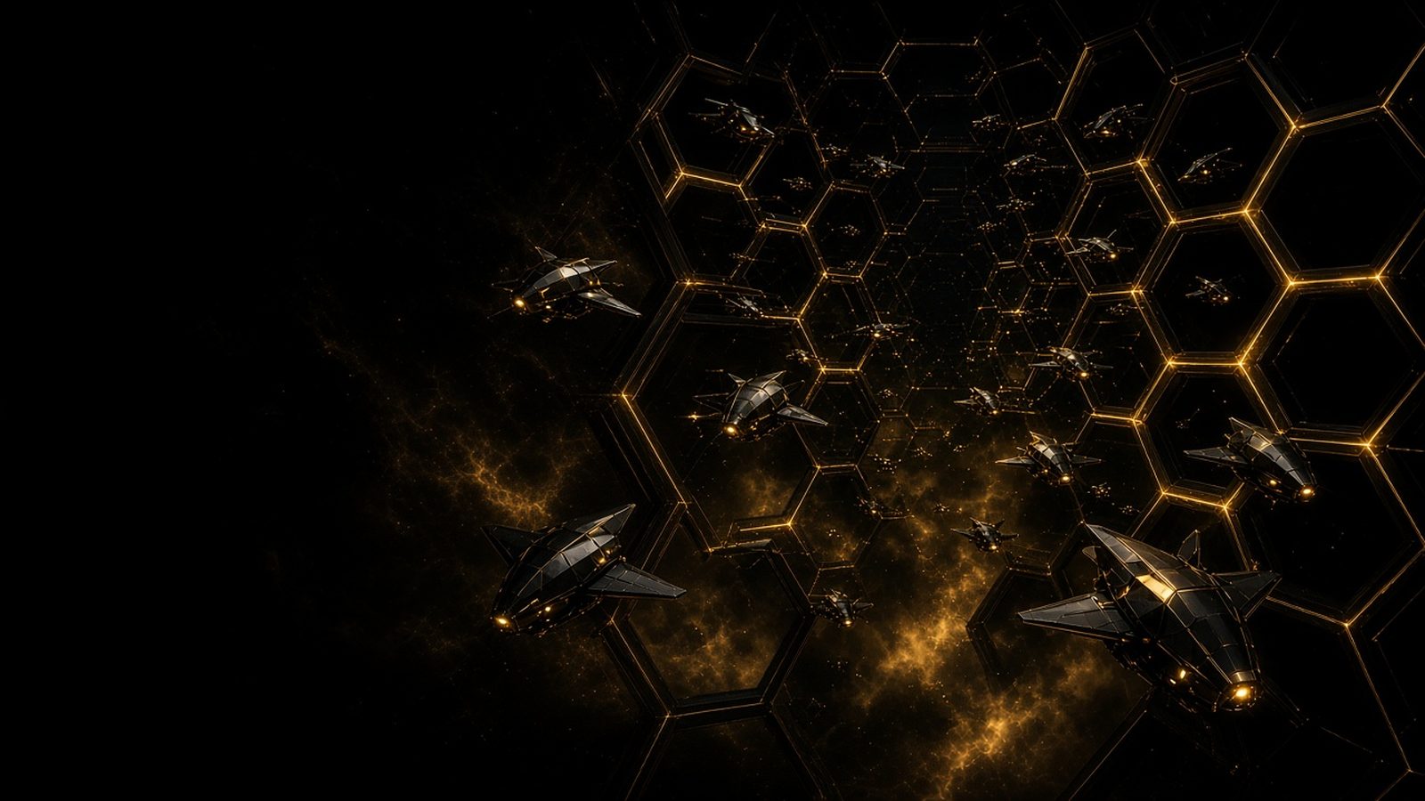 Gold honeycomb and dark angular craft on black, the AgentHive art direction.